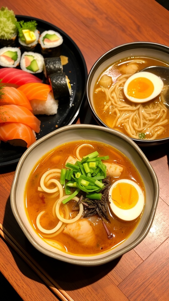 Delicious Sushi and Ramen Combo Recipe A platter of sushi rolls and a bowl of ramen with green onions and egg, presented in a warm and inviting setting.